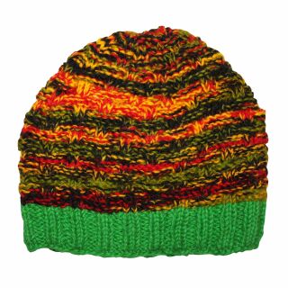 Woolen hat with coloured threads - long - green - red - yellow - black - Knit cap